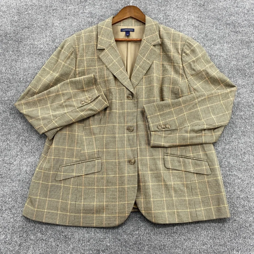 Lands End Blazer Jacket Women 22W Brown Plaid Wool Cashmere Office Academic Work